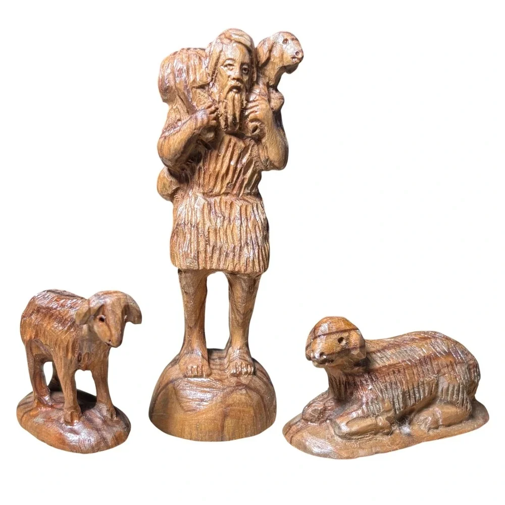 Antique Hand Carved Olive Wood Nativity Set 12 Piece Jerusalem Signed‎ by Artist